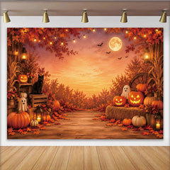 Lofaris Gruseliger Halloween Hintergrund mit Kürbissen Geistern und Vollmond, herbstliche Kulisse für Partydekoration und Fotoshooting