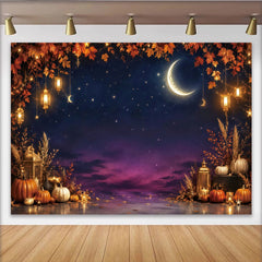 Lofaris Mystischer Herbstnachthintergrund mit Mond Sternen und Laternen, gemütliche Kulisse für Herbstfeste und Fotoshootings
