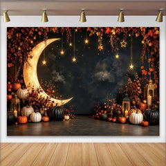 Lofaris Magischer Herbstnachthintergrund mit leuchtendem Mond Sternen und Kürbissen, gemütliche Kulisse für Fotostudio-Dekoration