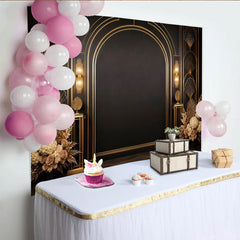 Lofaris Eleganter Schwarz-Gold Art-Déco Fotohintergrund mit Blumen und Linien, luxuriöse Kulisse für Eventdekoration und Fotoshootings