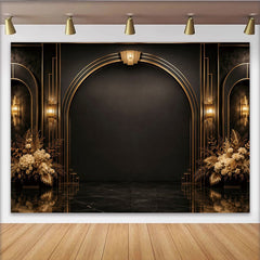Lofaris Schwarz-Gold Art-Déco Fotohintergrund mit eleganten Bögen, luxuriöse Kulisse für professionelle Fotoshootings und Events