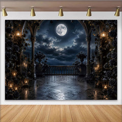 Lofaris Gotischer Vollmond-Balkon Fotohintergrund mit dunklen Rosen, dramatische Kulisse für Halloween und Fotoshootings