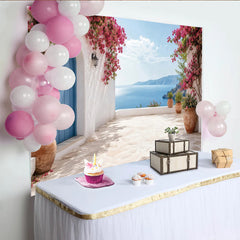 Lofaris Malerischer Mediterraner Landschaft Fotohintergrund mit blauer Tür und Bougainvillea, sommerliche Kulisse mit Meerblick für Fotostudio