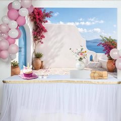 Lofaris Griechische Insel Fotohintergrund mit rosa Bougainvillea und blauer Tür, mediterrane Wanddekoration für Sommerurlaub Fotoshooting