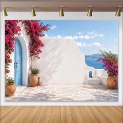 Lofaris Griechische Insel Fotohintergrund mit rosa Bougainvillea und blauer Tür, mediterrane Wanddekoration für Sommerurlaub Fotoshooting