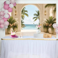 Lofaris Eleganter tropischer Villen-Hintergrund mit Palmen und Meerblick, luxuriöse Kulisse für professionelles Fotoshooting