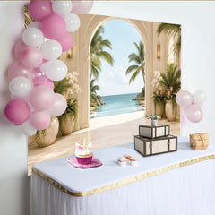 Lofaris Eleganter tropischer Villen-Hintergrund mit Palmen und Meerblick, luxuriöse Kulisse für professionelles Fotoshooting