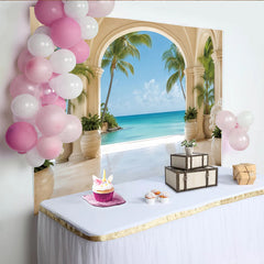 Lofaris Tropischer Strand Fotohintergrund mit Bögen und Palmen, luxuriöse Kulisse für professionelle Fotografie und Dekoration