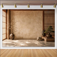 Lofaris Japanischer Fotohintergrund mit beiger Textur und Shoji-Elementen, elegante Kulisse für Porträtfotografie und entspannte Atmosphäre