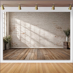 Lofaris Rustikaler Ziegelwand Holzboden Fotohintergrund mit natürlichem Licht, helle Studio-Kulisse für professionelle Porträtfotografie