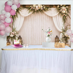 Lofaris Rustikaler Hochzeitsfotohintergrund mit weißen Blumen und Vorhängen, elegante Kulisse für romantische Events und Fotoshootings