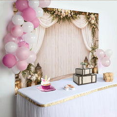 Lofaris Rustikaler Hochzeitsfotohintergrund mit weißen Blumen und Vorhängen, elegante Kulisse für romantische Events und Fotoshootings