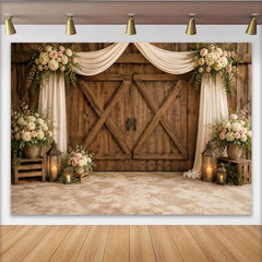 Lofaris Eleganter Scheunentor-Hochzeitshintergrund mit Blumen und Holz, romantische Fotokulisse für Verlobung und Events