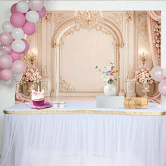 Lofaris Eleganter Barock Fotohintergrund mit rosa Blumen und Kronleuchter, luxuriöse Kulisse für Hochzeiten und Porträts