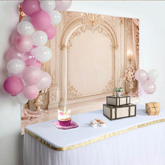 Lofaris Eleganter Barock Fotohintergrund mit rosa Blumen und Kronleuchter, luxuriöse Kulisse für Hochzeiten und Porträts