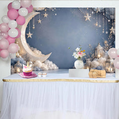 Lofaris Hellblauer Mond Sterne Wolken Fotohintergrund, funkelnde Laternen Kulisse für Babyparty und Fotoshooting