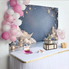 Lofaris Hellblauer Mond Sterne Wolken Fotohintergrund, funkelnde Laternen Kulisse für Babyparty und Fotoshooting