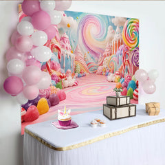 Lofaris Buntes Süßigkeitenland Fotohintergrund mit Lutscher und Zuckerstangen, verspielte Kulisse für Kindergeburtstage und Studiofotografie
