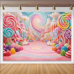 Lofaris Buntes Süßigkeitenland Fotohintergrund mit Lutscher und Zuckerstangen, verspielte Kulisse für Kindergeburtstage und Studiofotografie