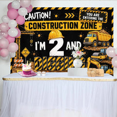 Lofaris Bau-Geburtstagshintergrund für den 2. Geburtstag mit Baufahrzeugen, lustige Fotokulisse für Kinderparty und Fotoshooting