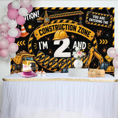 Lofaris Gelb schwarzer 2. Geburtstag Baustellen Hintergrund mit Baufahrzeugen, coole Partydekoration und Fotowand für Kindergeburtstag