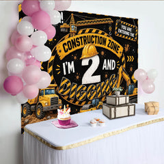 Lofaris Gelb schwarzer 2. Geburtstag Baustellen Hintergrund mit Baufahrzeugen, coole Partydekoration und Fotowand für Kindergeburtstag
