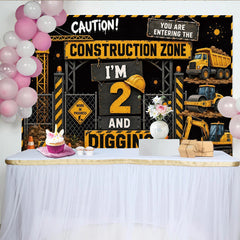 Lofaris Schwarz-gelber 2. Geburtstag Baustellen-Hintergrund mit Baufahrzeugen, robuste Fotowand für Jungen Kinderparty-Dekoration