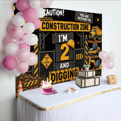 Lofaris Schwarz-gelber 2. Geburtstag Baustellen-Hintergrund mit Baufahrzeugen, robuste Fotowand für Jungen Kinderparty-Dekoration