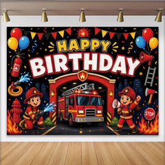Lofaris Feuerwehr-Geburtstagshintergrund für Kinder mit Feuerwehrauto, bunte Partykulisse mit Luftballons und Konfetti für Fotoshootings