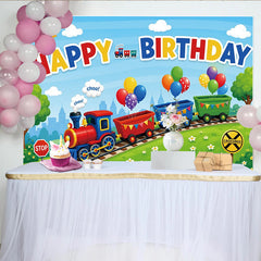 Lofaris Bunter Cartoon Zug-Geburtstagshintergrund mit Luftballons für Kinder, fröhliche Party Kulisse für Fotoshootings