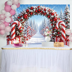 Lofaris Verschneiter Weihnachts-Hintergrund mit rotem Bogen und Zuckerstangen, festliche Fotokulisse für Winterwunderland-Fotoshootings