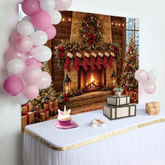 Lofaris Gemütlicher Weihnachtshintergrund mit Kamin Weihnachtsbaum und Geschenken, festliche Fotokulisse für Winterfotoshootings