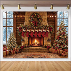 Lofaris Gemütlicher Weihnachtshintergrund mit Kamin Weihnachtsbaum und Geschenken, festliche Fotokulisse für Winterfotoshootings