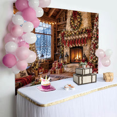 Lofaris Gemütlicher Weihnachtshintergrund mit Kamin und Weihnachtsbaum, festliche Kulisse für winterliche Fotoshootings und Dekoration