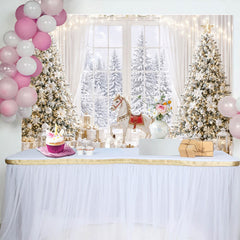 Lofaris Eleganter Weihnachtshintergrund mit verschneitem Fenster und Geschenken, luxuriöse Fotokulisse für festliche Winterdekoration