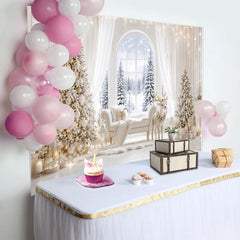 Lofaris Elegantes weißes Weihnachtszimmer-Hintergrund mit Tannenbäumen und Rentier, luxuriöse Fotowand für Winterwunderland Dekoration