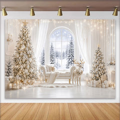 Lofaris Elegantes weißes Weihnachtszimmer-Hintergrund mit Tannenbäumen und Rentier, luxuriöse Fotowand für Winterwunderland Dekoration