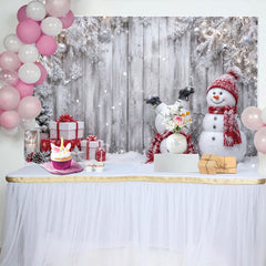 Lofaris Lustiger Schneemann Weihnachtshintergrund mit Geschenken und Holzwand, festliche Winterkulisse für Familienfotos und Weihnachtsfeier