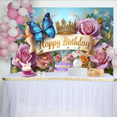 Lofaris Fotohintergrund Blauer Schmetterling Geburtstag Gold Krone Blumen Prinzessin Deko