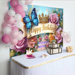 Lofaris Fotohintergrund Blauer Schmetterling Geburtstag Gold Krone Blumen Prinzessin Deko