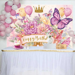 Lofaris Fotohintergrund Aquarell Schmetterling Geburtstag Rosa Blumen Gold Krone Mädchen