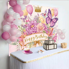 Lofaris Fotohintergrund Aquarell Schmetterling Geburtstag Rosa Blumen Gold Krone Mädchen