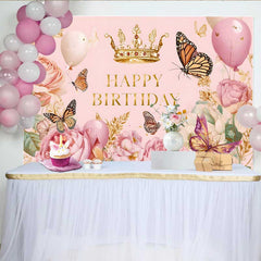 Lofaris Fotohintergrund Vintage Rosa Blumen Schmetterling Gold Krone Prinzessin Party Deko