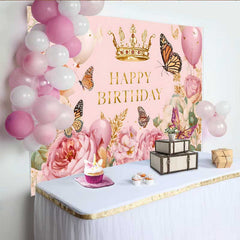 Lofaris Fotohintergrund Vintage Rosa Blumen Schmetterling Gold Krone Prinzessin Party Deko