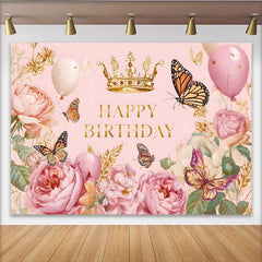 Lofaris Fotohintergrund Vintage Rosa Blumen Schmetterling Gold Krone Prinzessin Party Deko