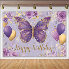 Lofaris Fotohintergrund Lila Gold Schmetterling Geburtstag Blumen Ballon Banner Mädchen Deko