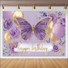 Lofaris Fotohintergrund Lila Blumen Schmetterling Geburtstag Gold Ballon Cake Smash Requisiten