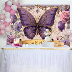 Lofaris Fotohintergrund Vintage Lila Schmetterling Geburtstag Blumen Gold Banner Foto Deko