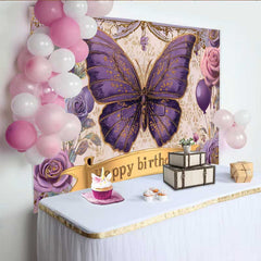 Lofaris Fotohintergrund Vintage Lila Schmetterling Geburtstag Blumen Gold Banner Foto Deko