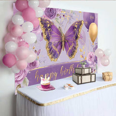 Lofaris Fotohintergrund Lila Gold Schmetterling Geburtstag Blumen Ballon Tisch Banner Deko